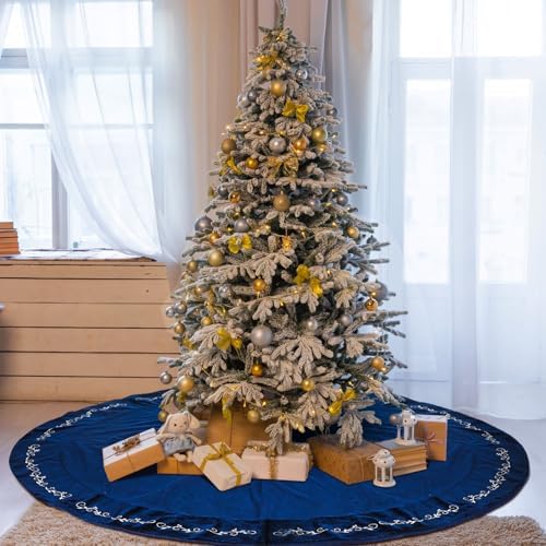 HyDren 72 Inch Velvet Christmas Blue Tree Skirt (Classical Style) by HyDren