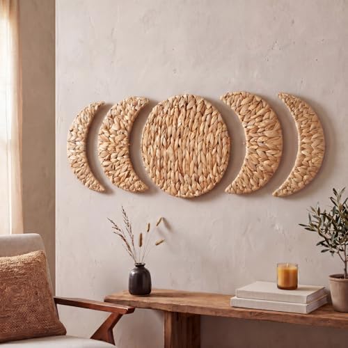 Leinuosen 5 Pcs Boho Moon Phase Wall Decor, Woven Water Hyacinth Hanging by Leinuosen