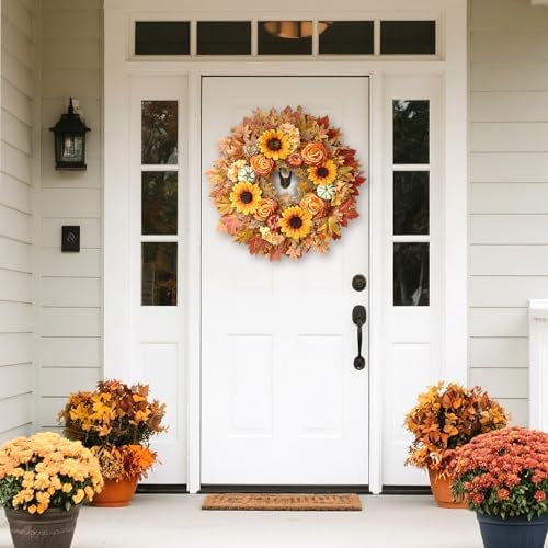 28" Large Artificial Maple Leaves Fall Wreath for Front Door(Orange-Yellow) - Image 4