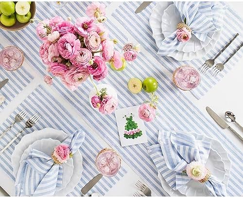 Solino Home 100% Linen Table Runner, 14 x 60 in, Sky Blue and White Striped - Image 4