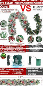 TURNMEON 9 Ft Prelit Artificial Christmas Garland Decor Timer 50 Lights 8 Modes Berry Snowy Bristle Pinecone Battery Operated Xmas Christmas Decoration Mantle Fireplace Home Indoor Outdoor - Image 6