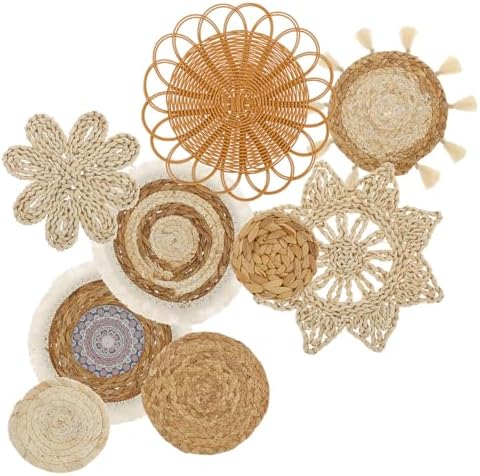 9 Pcs Boho Wall Basket Decor, Rattan Wicker Boho Wall Decor, Hanging Woven Basket Wall Decor, Round Handmade Wall Art for Living Room Bedroom Display Table Settings Home Christmas Decoration (Wood) by PoDhey