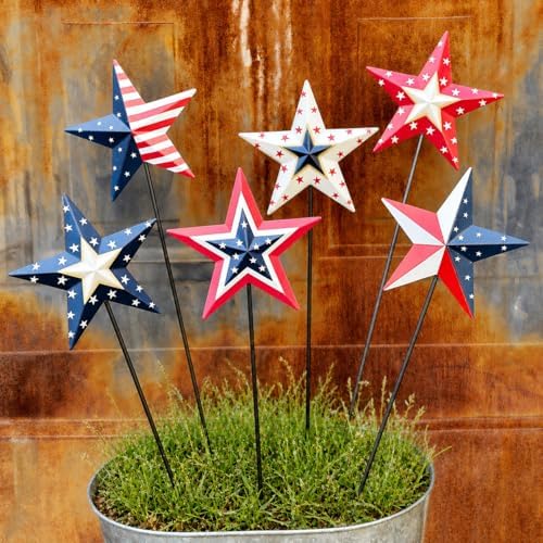 4th of July Decorations Outdoor 19" Metal Barn Star 6-Pack, Patriotic Outdoor Decorations, Rustic Iron Decorative Garden Stakes with American Flag Stars for Yard Patio Lawn by AddtoCart
