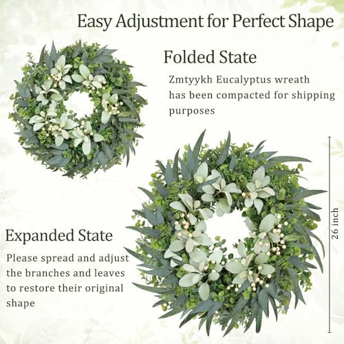 26" Eucalyptus Wreaths for Front Door with Lamb’s Ear White Berries Artificial Large Outdoor Wreath Farmhouse Home Decor Front Porch Wall Indoors Greenery Wreath for Spring Summer All Seasons - Image 5