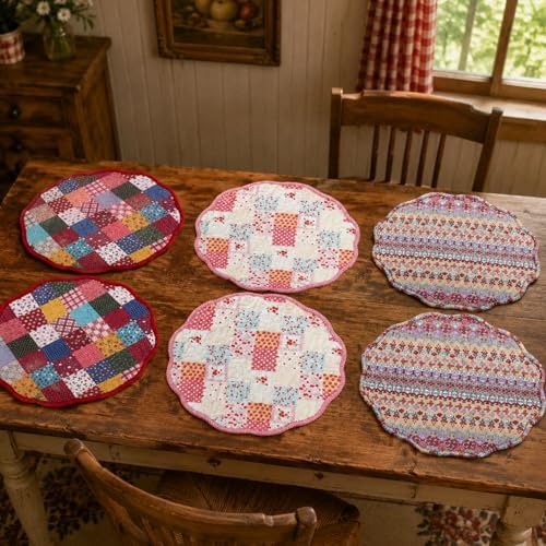 6 Pack Large Quilted Round Placemats 14 Inch Reversible Patchwork Cotton Table Mats, Vintage Floral Cottagecore Farmhouse Washable Dining Table Decor by Gandeer