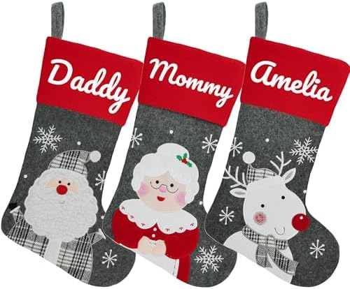 Set of 3, 18" Dia Personalized Gray Christmas Stockings with Embroidery Names, with Holders,Quality Thick Fleece Material Stockings for Family Décor(Set of 3-C) by YourBestMemory