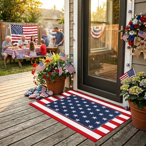 2PCS 4th of July Door Mat Combination, Patriotic Stars and Stripes Front Porch Decor, Independence Day Layered Welcome Mat, Red White and Blue Outdoor Rug for Memorial Day Entryway Decoration - Image 3
