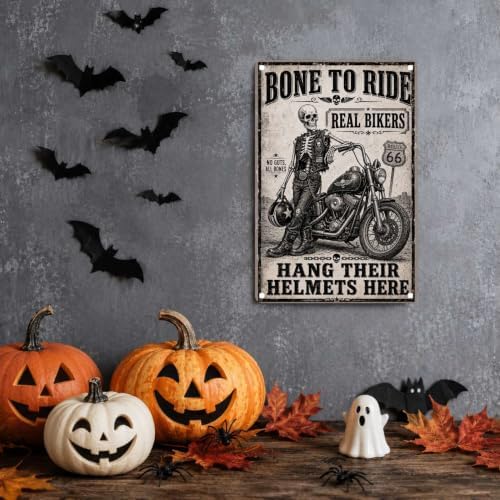 Vintage Metal Tin Sign Halloween Skeleton Biker Motorcycle Retro Wall Decor for Garage Man Cave 6×8 Inches with Metal Frame - Image 2