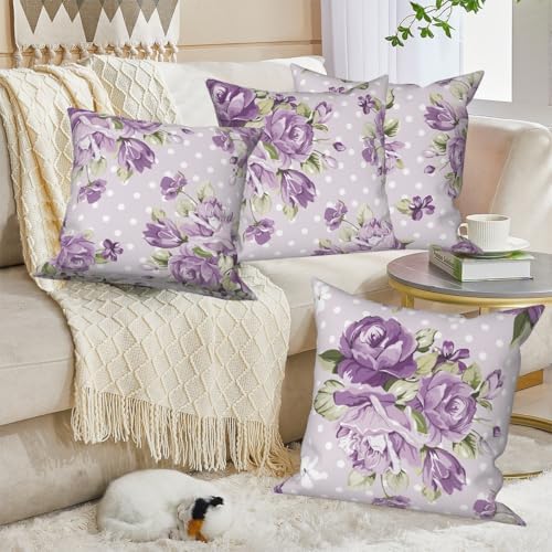 Purple Flower Throw Pillow Covers 24"x24" Set of 4, Countryside Floral Sofa Cushion Cover for Chair Couch Bed Living Room Office Car Garden Patio Farmhouse Indoor Outdoor Decorative - Image 4