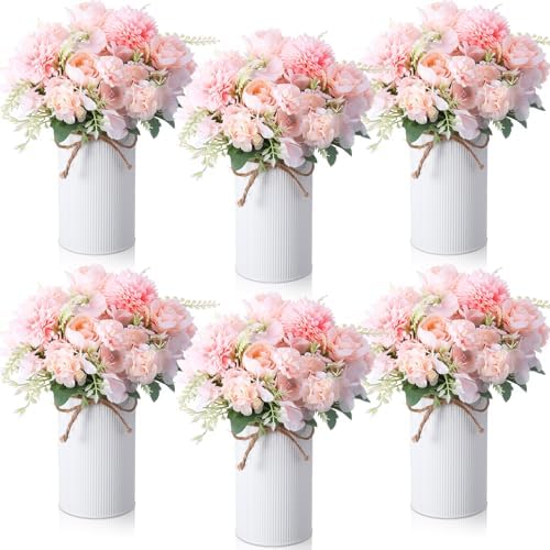 Domensi 6 Sets Wedding Centerpiece for Table Decoration Light Pink Artificial Fake Rose Flower with Metal Vase Faux Silk Rose Bouquet Floral Arrangement for Bridal Shower Home Dining by Domensi