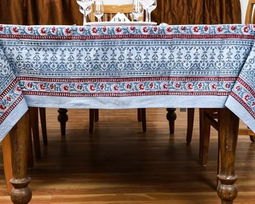 72x118 Inches Rectangle Hand Block Printed Cotton Tablecloth, Red Grey Floral Table Cloths Washable, Indian Table Linen for Halloween Christmas Outdoor Thanksgiving Gifts Home Decor Dinning Outdoor - Image 4