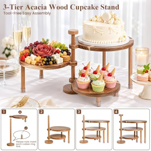 LOVYANXUE Acacia Wooden Cupcake Stand, 3 Tier Round Cake Stand 360° Rotatable Cupcake Tower with Tiered Serving Tray, Wood Dessert Table Display Set, Tiered Tray Stand for Party, Wedding (12/10/8 IN) - Image 6