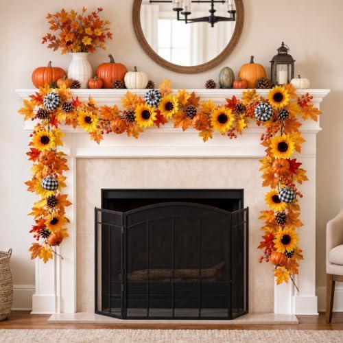 Thiccywoov 6 ft Fall Sunflower Pumpkin Buffalo Plaid Garland - Image 3