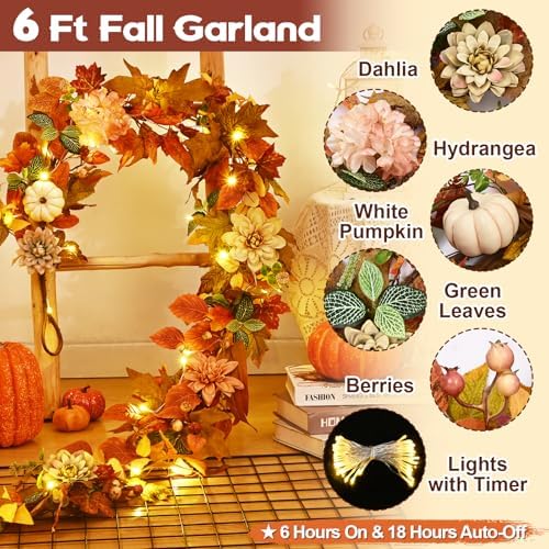 2 Pcs Fall Garland for Mantle, 6 FT Fall Garland with Lights - Image 5