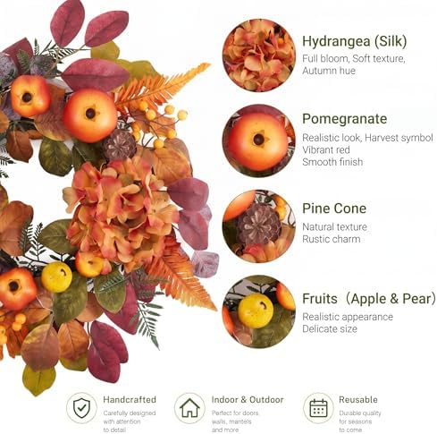 DecorbyHannah 18'' Fall Wreath for Front Door with Lights & Pomegranate - Image 3
