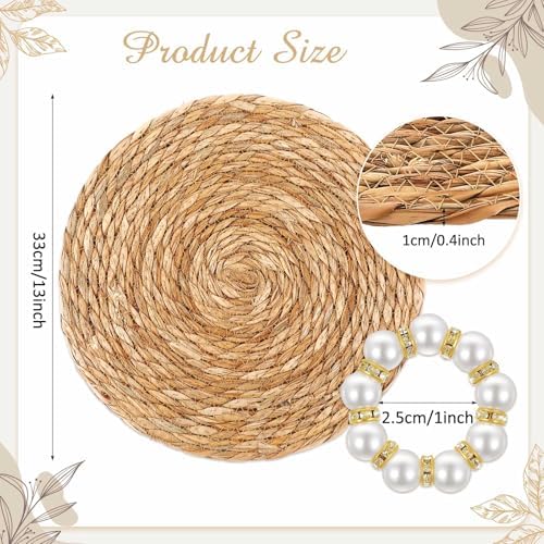 100 Set 13 Inch Round Woven Placemats with Pearl & Rhinestone Napkin Rings - Image 2