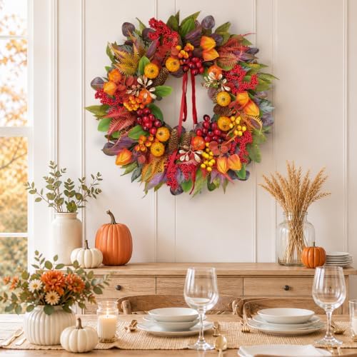 Fall Wreaths for Front Door 24" Harvest Thanksgiving Wreath with Pumpkins - Image 6
