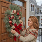 22 Inch Christmas Wreath for Front Door, Artificial Frosted Wreath with Red & Gold Ornaments, Berries & Snowy Holly Leaves, Elegant Holiday Decoration for Home Indoor Outdoor - Image 2