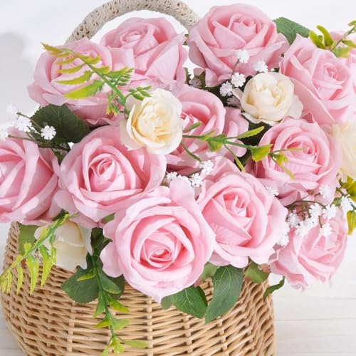 50Pcs Pink Roses Artificial Flowers, Real Touch Velvet Fake Roses Bouquet - Image 2