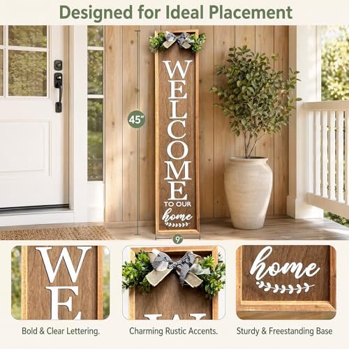 Vertical Wooden Welcome Sign for Front Porch Standing 45x9 Inch Large Wood Frame Outdoor Welcome Sign for Farmhouse Rustic Home Modern Outside Front Door Vertical Decorations(Brown) - Image 3