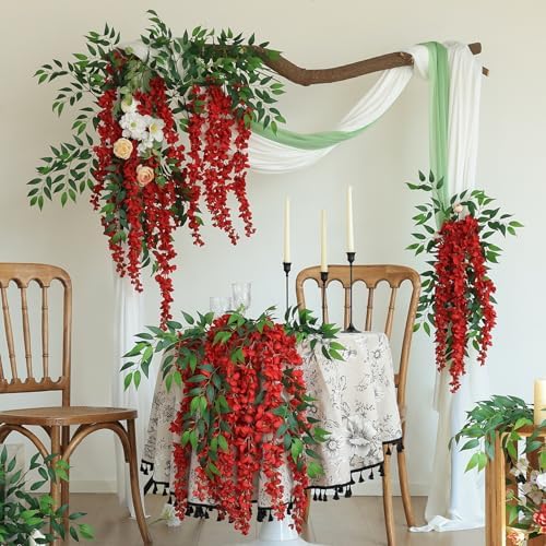 mizii 6Pcs Red Wisteria Hanging Flowers 48" Silk Wisteria Artificial Flowers Garland Vines Fake Hanging Flowers Decoration for Wedding Flower Wall Backdrop Centerpieces Room Decor (Red) - Image 4
