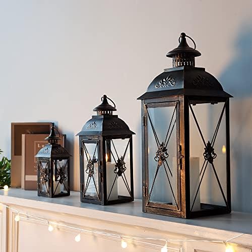 TRIROCKS Set of 3 Decorative Hanging Lantern 9.5/13.5/19" High Vintage Metal Candle Holder with Tempered Glass Perfect for Living Room Garden Yard Patio Parties Events Indoors Outdoors (Black) - Image 4