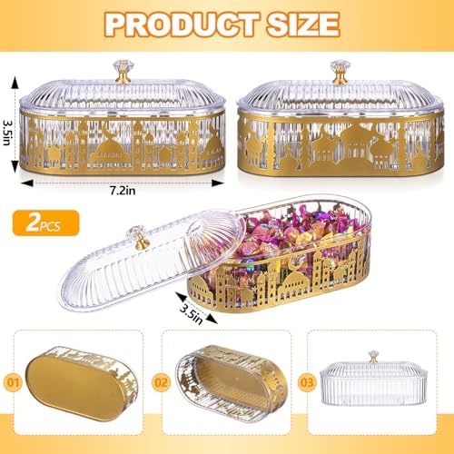 2 Pcs Ramadan Trays with Lid Metal Gold Eid Mubarak Plates Ramadan Moon Candy Dish Table Decorations Food Serving Tray Islam Muslim Al-Fitr Cookie Storage Container for Eid Party Supplies - Image 2