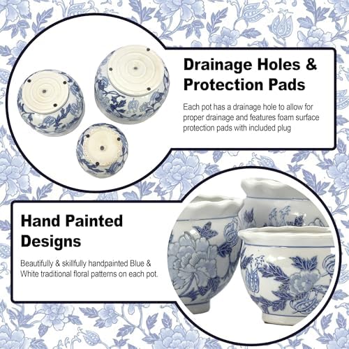 Galt International Blue & White Round Floral Porcelain Ceramic Plant Flower Planter Pot Set of 3 (8", 10", 12") Garden Pots Chinese Asian Design - Image 4