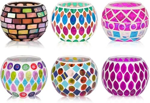 6pcs Votive Candle Holders, Mosaic Tealight Holder Stained Glass Tea Light, Colorful Handmade Candle Jars Aromatherapy Candle Lamp for Christmas, Wedding, Birthday Table Centerpiece Decor by Toptime
