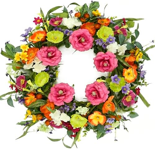 Artificial Spring Summer Wreaths for Front Door 22'' Peony Wreath Colorful Floral Wreath with Peony,Daisy,Poppy Flower Lavender for Indoor Outdoor Farmhouse Home Wall Window Festival Decoration by AMF0RESJ