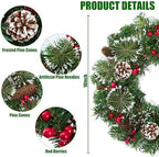 18’’ Artificial Christmas Wreath for Front Door with Pine Needles Red Berries Pine Cones Christmas Decorations for Winter Wall Indoor Outdoor Home Holiday Xmas Decor - Image 7