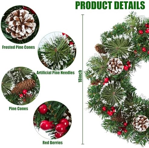 18’’ Artificial Christmas Wreath for Front Door with Pine Needles Red Berries Pine Cones Christmas Decorations for Winter Wall Indoor Outdoor Home Holiday Xmas Decor - Image 7