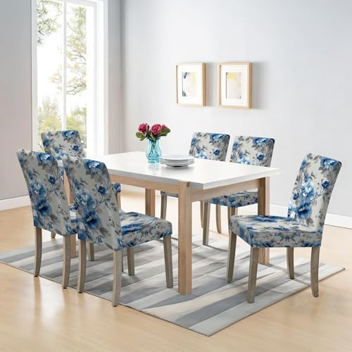 Blue Flower Chair Covers Set of 6,Stretchable Kitchen Dining Room Chair Covers Decorations Removable Washable Dining Chair Slipcovers Chair Protectors for Dining Room & Kitchen - Image 7