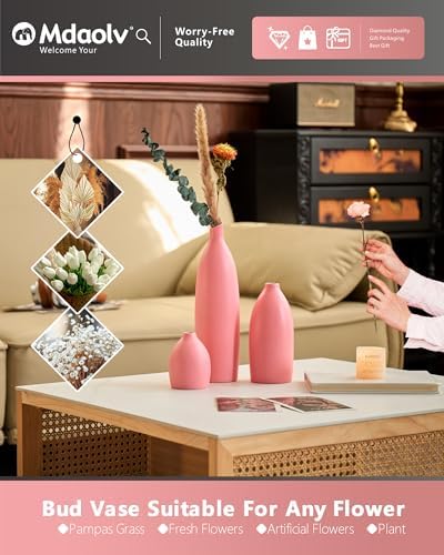 Matte Pink Vase Set of 3 - Modern Boho Aesthetic Bud Ceramic Vases Home Decor - Centerpieces Decor for Dining Table Living Room Coffee Table Bookshelf Mantle Entrance Console Decorations (Pink) - Image 2