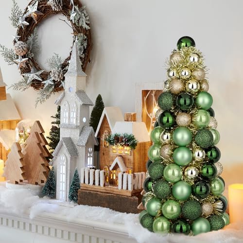 16" Tabletop Christmas Tree Small Green Gold Christmas Tree Decorations with 94 Shatterproof Ornaments Balls Christmas Centerpiece Mini Cone Xmas Tree for Holiday Party Wedding Table Desk Mantel Decor - Image 5