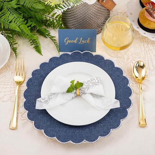 Set of 24 Navy Blue Cotton Placemats 15" Round Scalloped White - Image 4