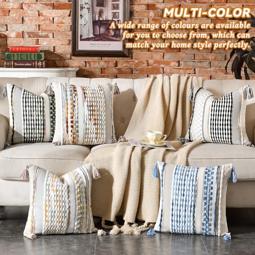 AmHoo Set of 2 Chenille Striped Textured Boho Throw Pillow Covers Aesthetic with Tassels Woven Decorative Pillow Case for Couch Bed Sofa Bedroom Modern Funky 18 x 18-Inch Sage Green - Image 6