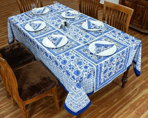 90x90 Inches Square Hand Block Printed Cotton Tablecloth, Blue White Floral Table Cloths Washable, Indian Table Linen for Halloween Christmas Outdoor Thanksgiving Gifts Home Decor Dinning - Image 2