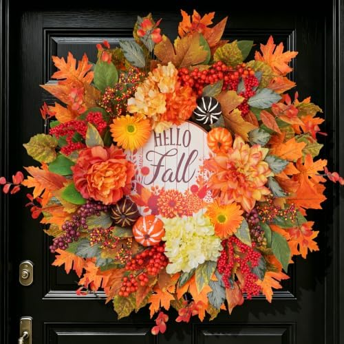 Fall Wreaths for Front Door 24" Autumn Harvest Wreath with Dahlias by Bloeien