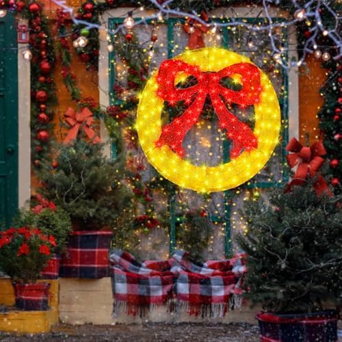 36 Inch Pre-lit Outdoor Christmas Wreath with Bow, Red Bow - Gold Wreath by MULTI-SPARKING
