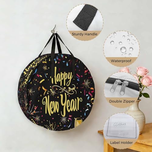 Happy New Year Round Storage Bag 36 Inch, Celebrate Firework Colored Ribbon Clothes Storage Container with Handles Heavy Duty Organizer for Comforter, Bedding & Holiday Wreaths - Image 5
