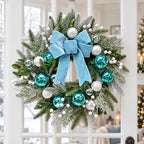 22 Inch Lighted Christmas Wreath with Timer, Blue Bow and Ornaments - Image 6