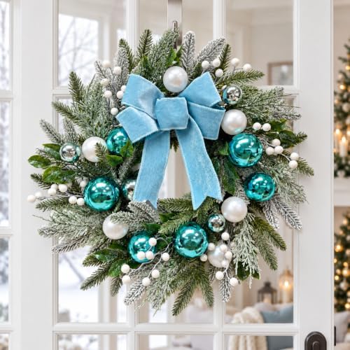 22 Inch Lighted Christmas Wreath with Timer, Blue Bow and Ornaments - Image 6