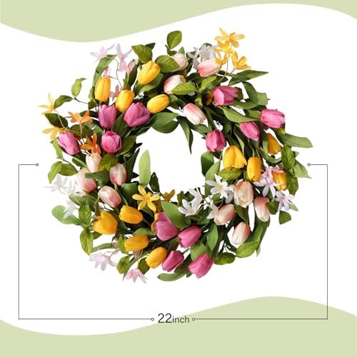 22" Tulip Wreath Spring/Summer Wreaths Artificial Floral Wreaths for Front Door Yellow Pink Tulip Easter Wreath for Indoor Outdoor Home Holiday Party Wedding Decor - Image 3