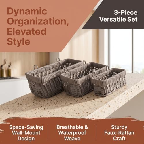 Wall Baskets, Hanging Wicker Baskets for Kitchen Bathroom Garage Porch Door Decor and Organizing (Gray, S+M+L) - Image 6