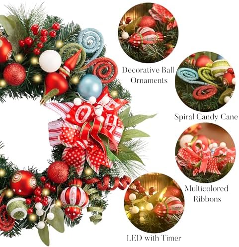Valery Madelyn 18" Pre-Lit Candy Christmas Wreath for Front Door with Light - Image 5