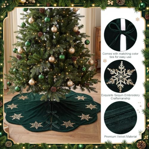 Hollowfly Dark Green Velvet Christmas Tree Skirt with Sequin Snowflake 48'' - Image 3