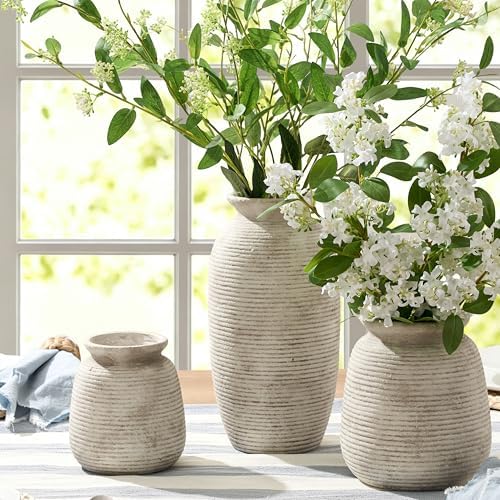 Ceramic Flower Vase, Rustic Farmhouse Decorative Vase Pottery Wide-Mouth Vases for Home Decor Table Entryway Mantel Bookshelf Living Room Bedroom Bathroom Kitchen - 7.48" D - Image 6