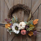 12" Fall Harvest Pumpkin and Sunflower Wreath - Grape Vine Autumn Wreath with Mixed Leaves, Perfect for Front Door, Indoor Outdoor Fall Door Decor, Pumpkin & Sunflower Accents - Ideal for Thanksgiving - Image 4