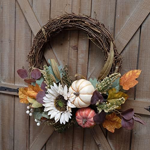 12" Fall Harvest Pumpkin and Sunflower Wreath - Grape Vine Autumn Wreath with Mixed Leaves, Perfect for Front Door, Indoor Outdoor Fall Door Decor, Pumpkin & Sunflower Accents - Ideal for Thanksgiving - Image 4